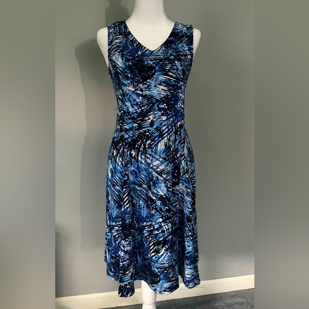 NY Collection blue scribble print midi dress, women’s size pm